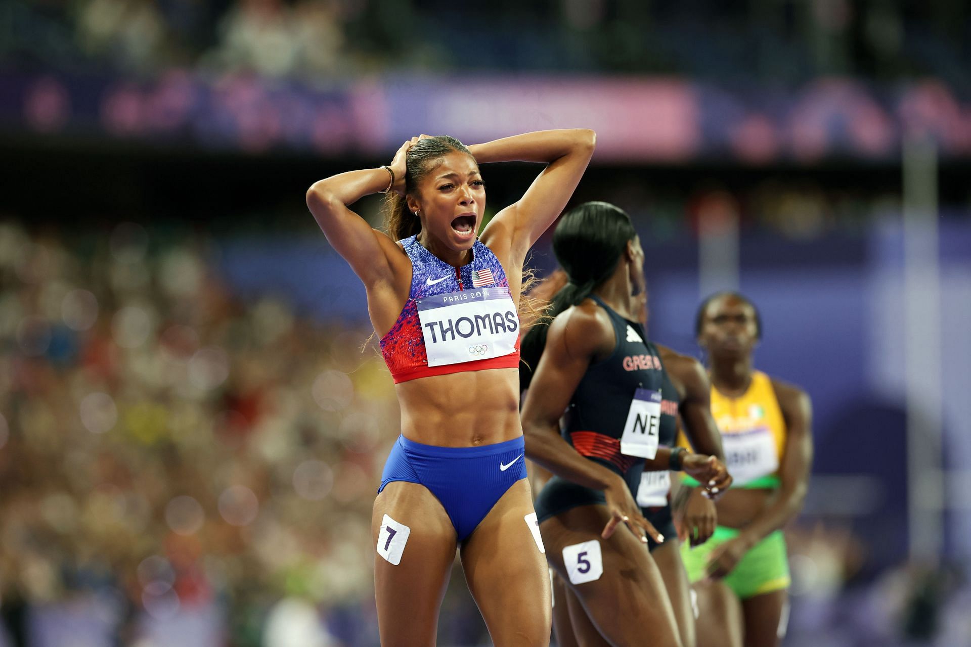 Gabby Thomas reacts after winning the women&#039;s 200m event at the Paris Olympics 2024 [Image Source : Getty]