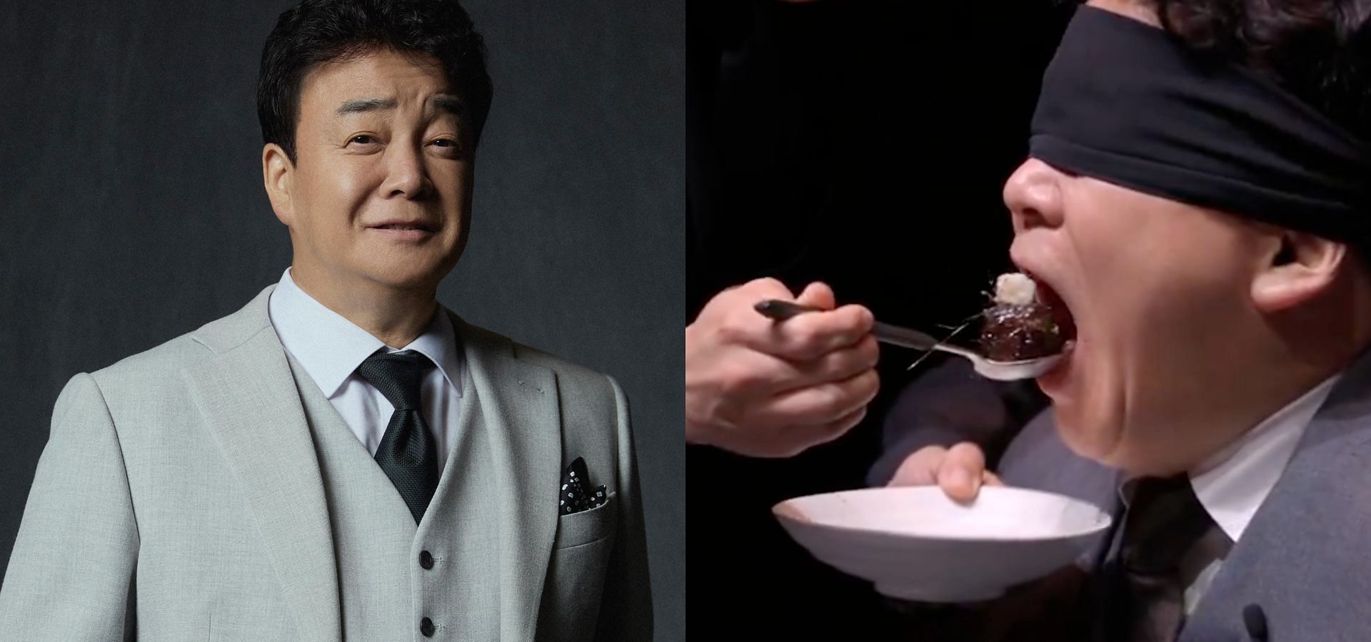 Paik Jong-won&rsquo;s YouTube template featuring his viral Culinary Class Wars blindfold moment. (Images via X/@NetflixKR)