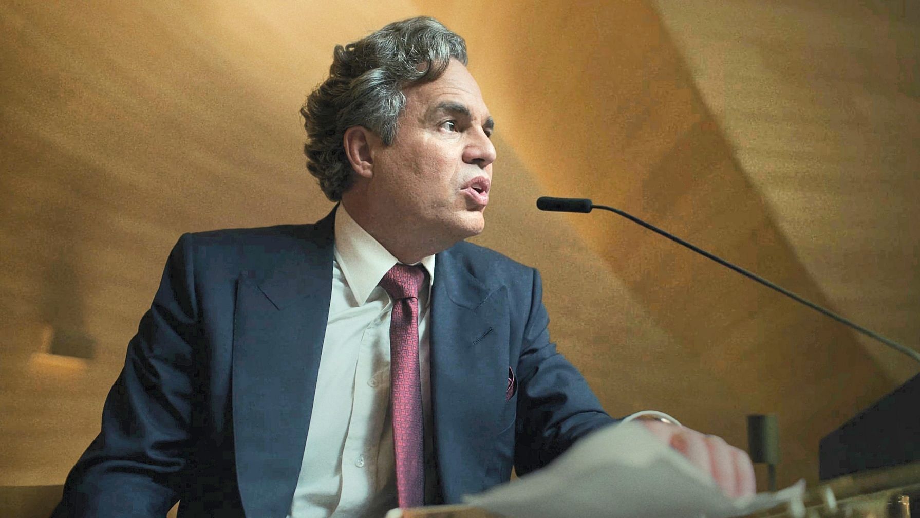 Actor Mark Ruffalo delivering a speech in a still from Mickey 17 (via Warner Bros. Pictures / YouTube)