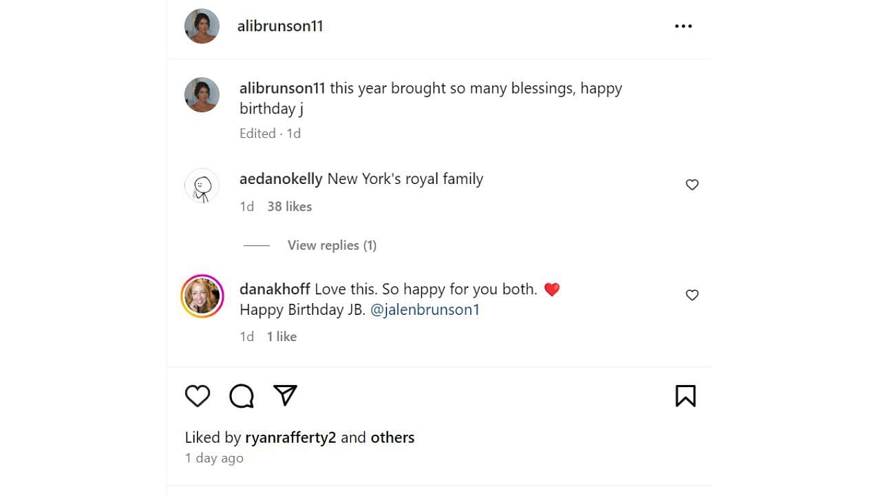 Fan reaction to Ali Brunson&#039;s birthday greeting for her husband Jalen Brunson. [photo: @alibrunson11/IG]