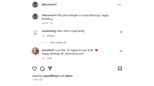 Fan reaction to Ali Brunson's birthday greeting for her husband Jalen Brunson. [photo: @alibrunson11/IG]