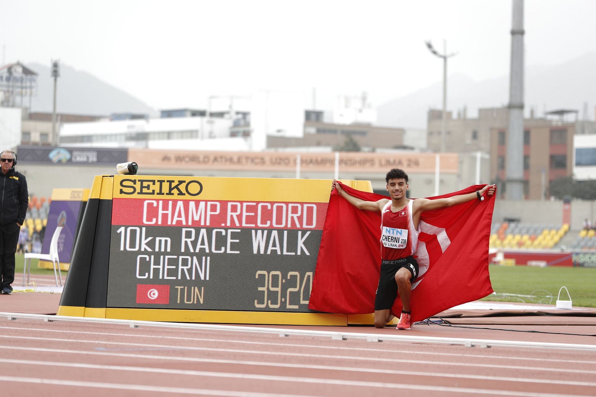 Rayen Cherni of Tunisia after breaking the Championship record in the Men&#039;s 10000m race walk at the World Athletics Junior U20 Championships [Image Source:  X@WorldAthletics ]