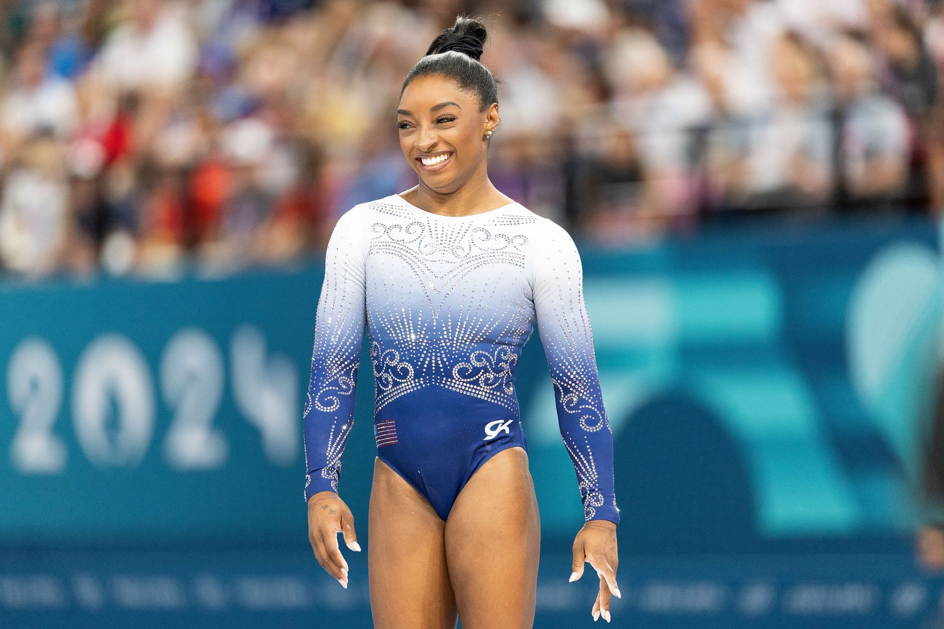 Simone Biles of the USA before the start of the Artistic Gymnastics Women&#039;s Balance Beam Finals at the Olympic Games in Paris, France. (Image Source: Getty)