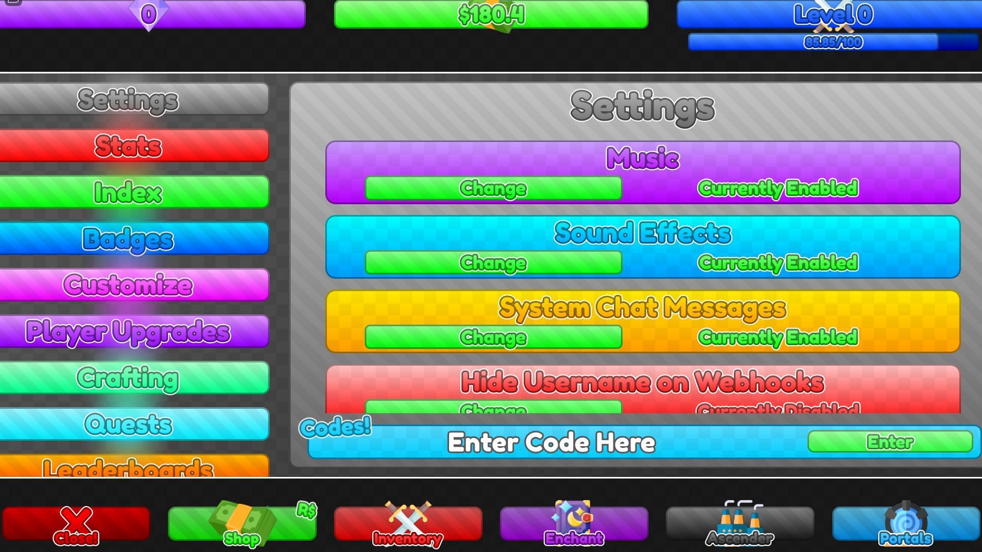 Redeem codes in Sword Factory GUI (Image via Roblox)