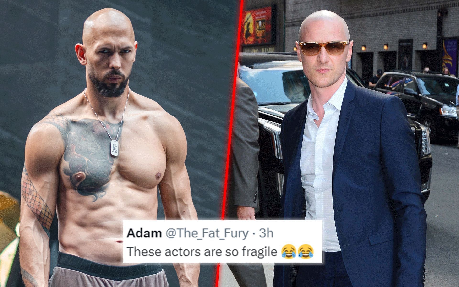 Fans react to James McAvoy (right) citing Andrew Tate (left) as an inspiration for his film role. [Images courtesy: Getty and @Cobratate on X]