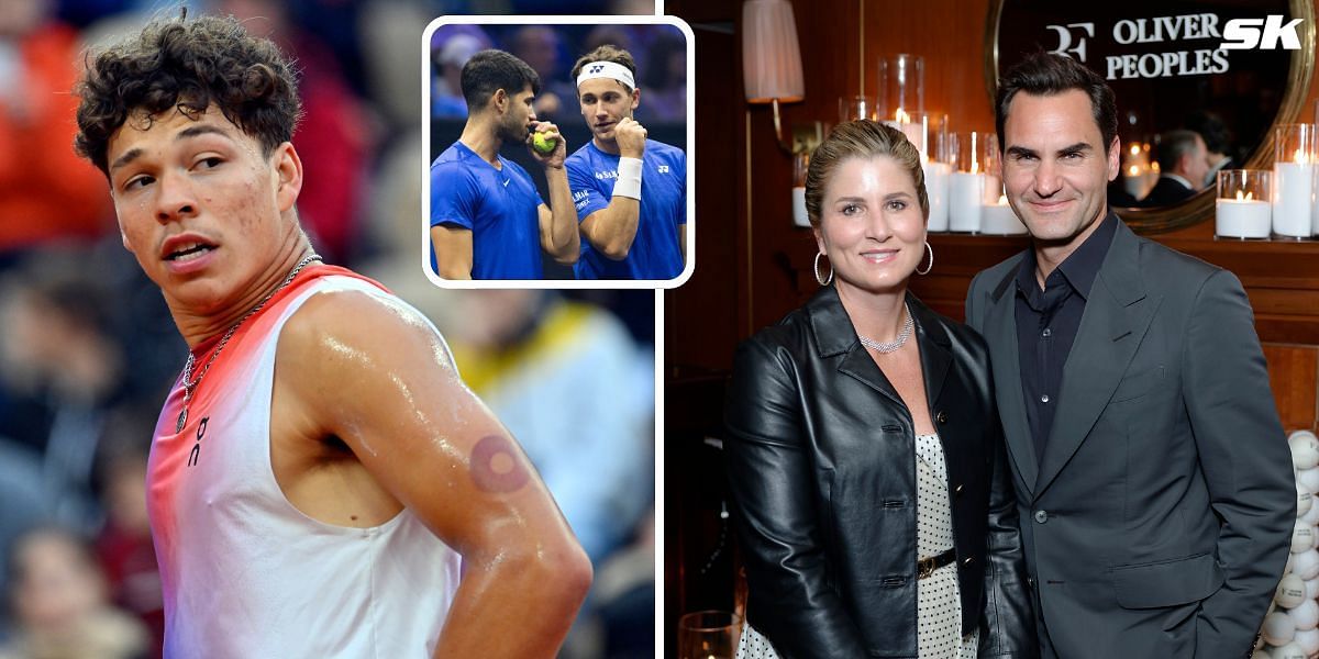 Roger Federer and Mirka Federer react to Ben Shelton