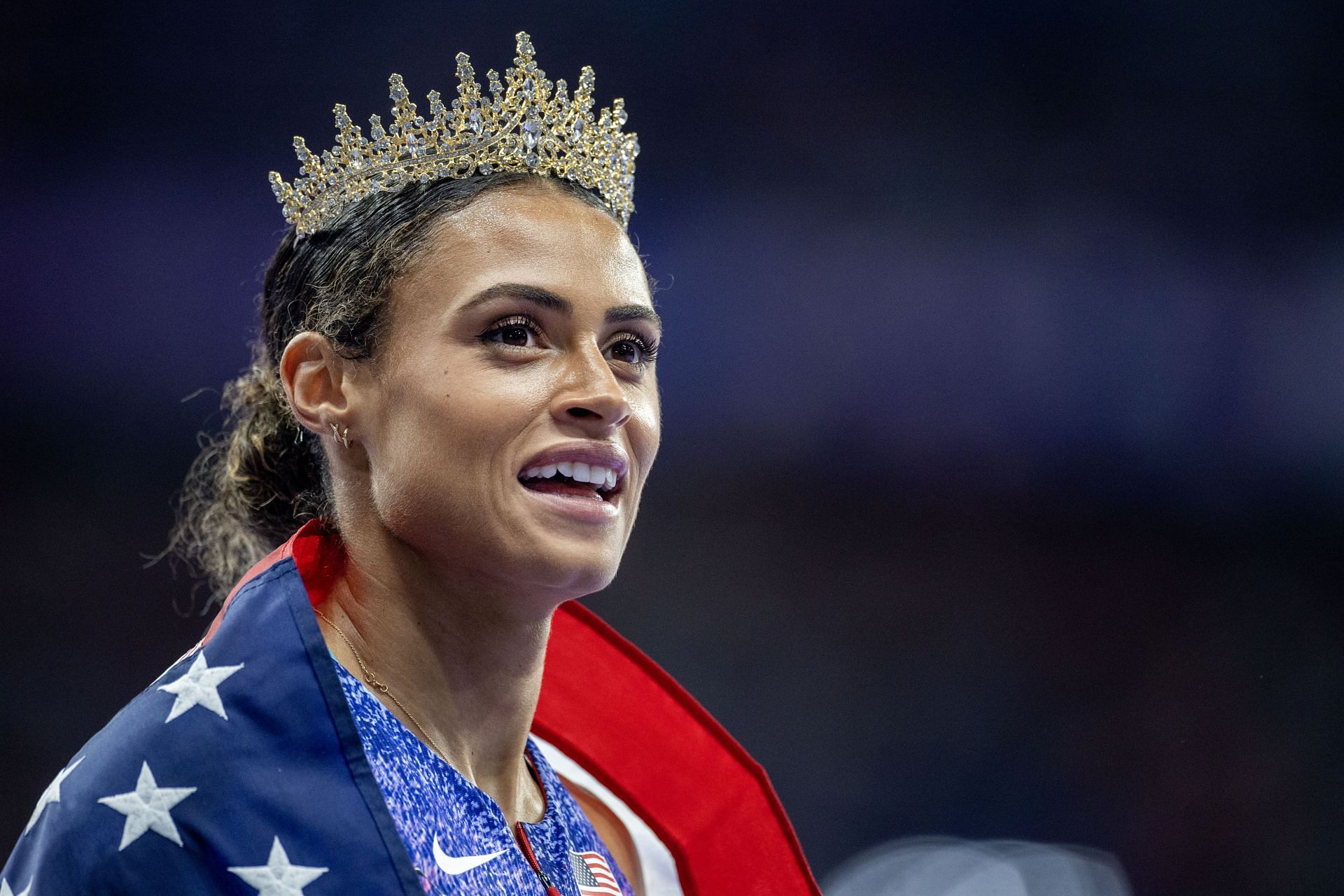 Sydney McLaughlin-Levrone after breaking the world record in the Women&#039;s 400m Hurdle Final during the Olympic Games in Paris, France. (Photo via Getty Images)