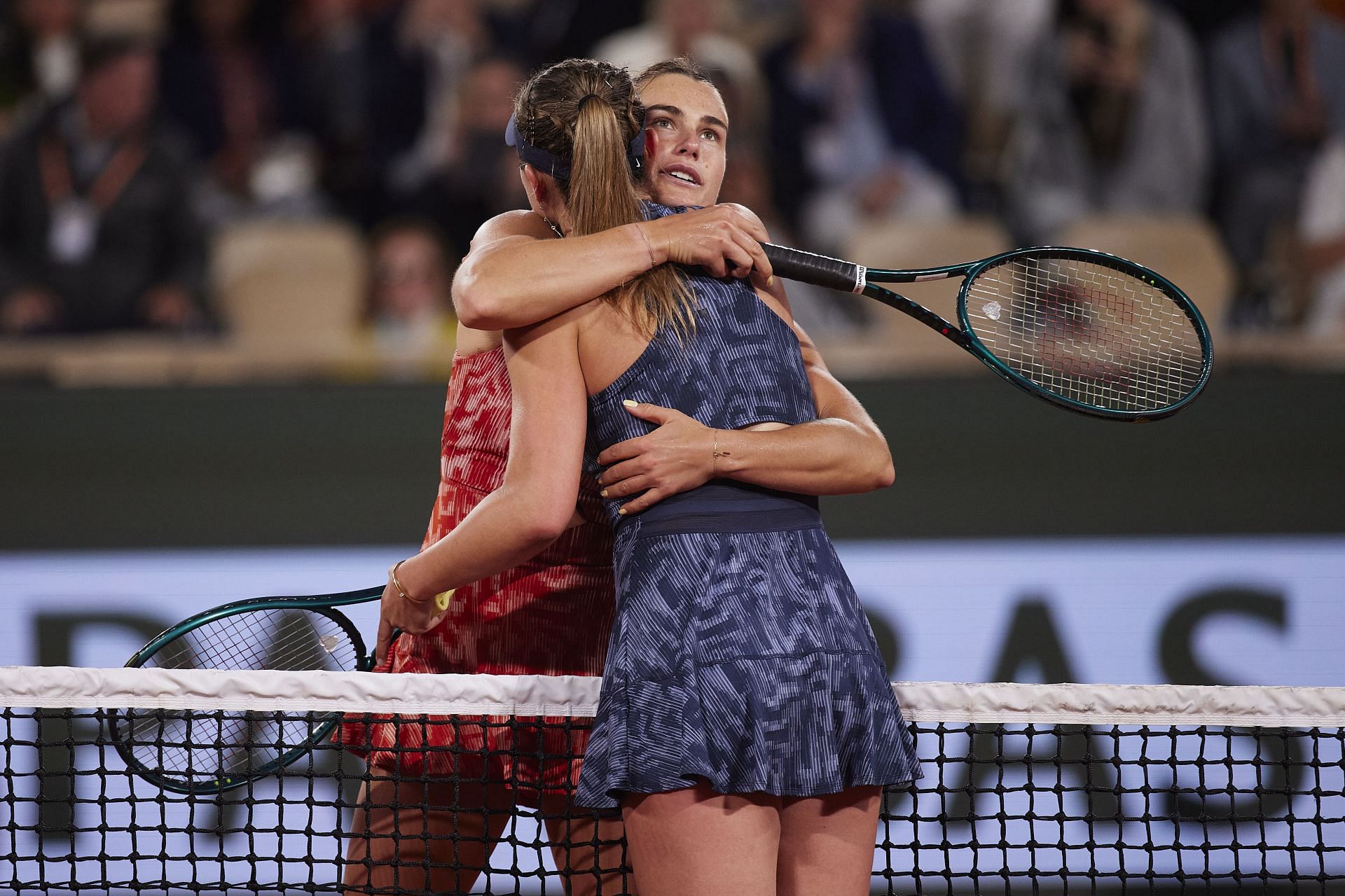 Aryna Sabalenka and Paula Badosa hug after their third-round match at French Open 2024 (Source: Getty)