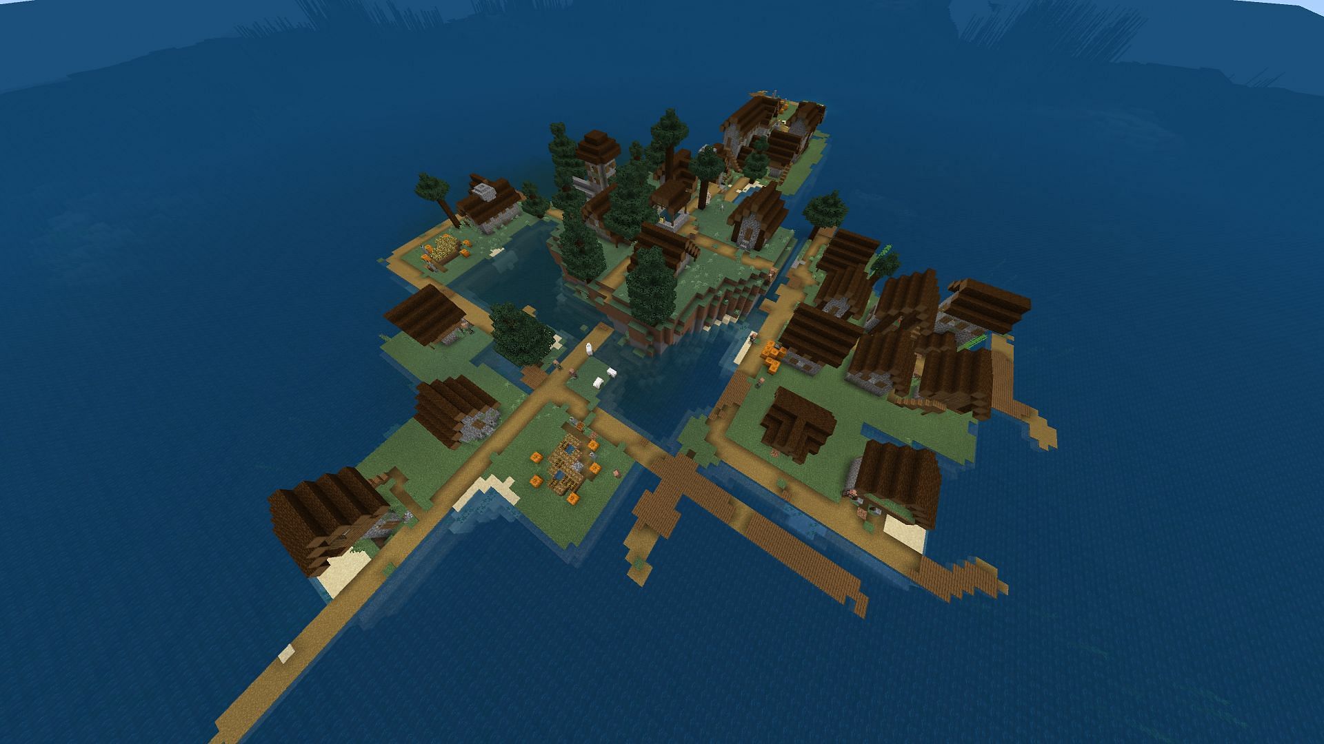 The buildings on this Minecraft village island are pretty compact (Image via u/Fragrant_Result_186/Reddit)