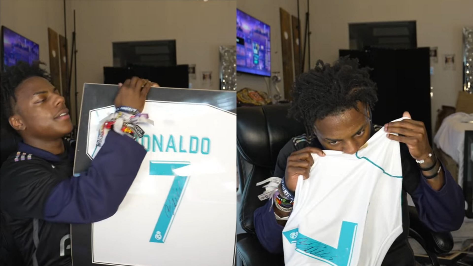 IShowSpeed showed off his latest purchase of a Cristiano Ronaldo signed football jersey (Image via IShowSpeed/YouTube)