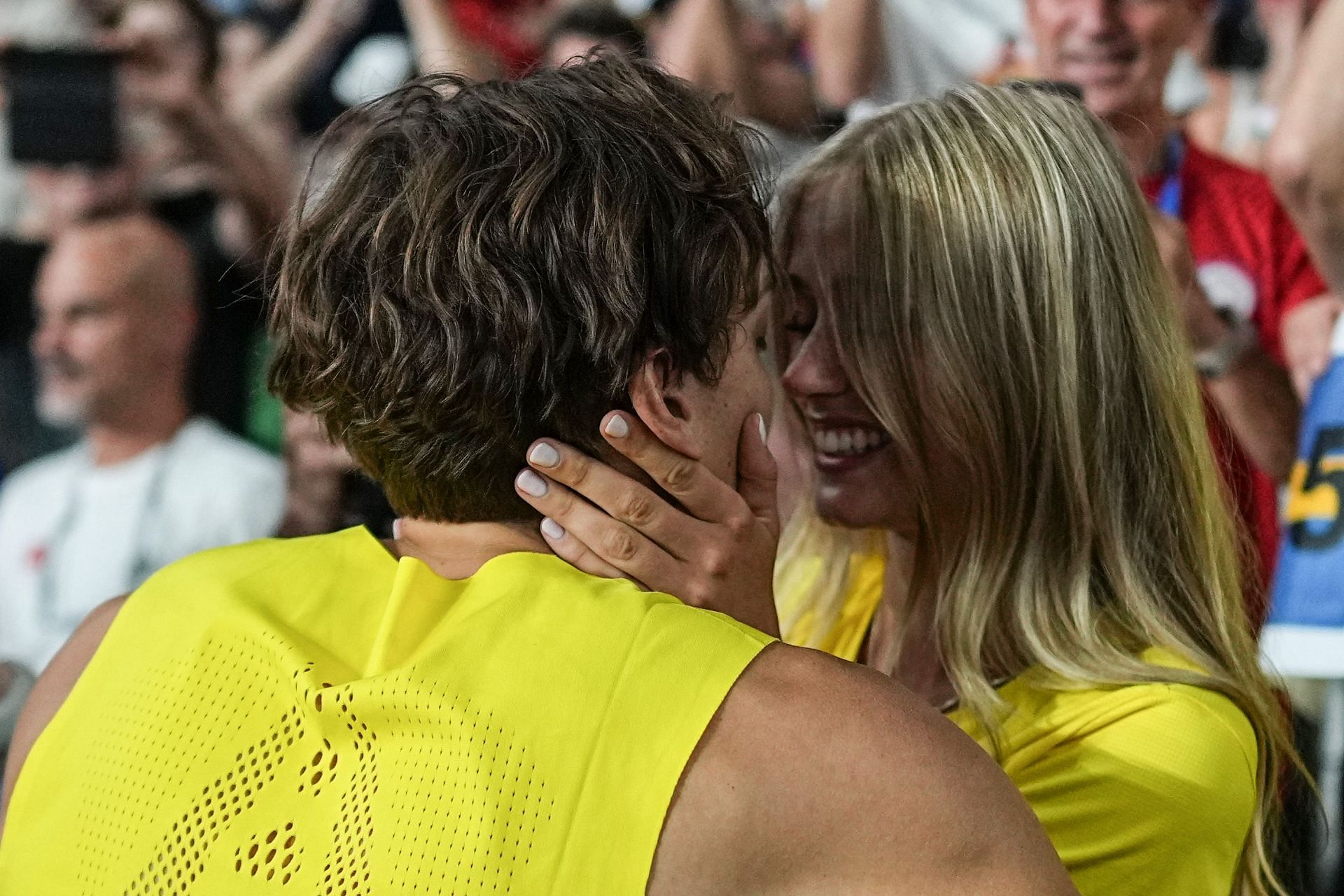 Mondo Duplantis with his girlfriend Desire Inglander at Paris Olympics. (Photo by Michael Kappeler/via Getty Images)