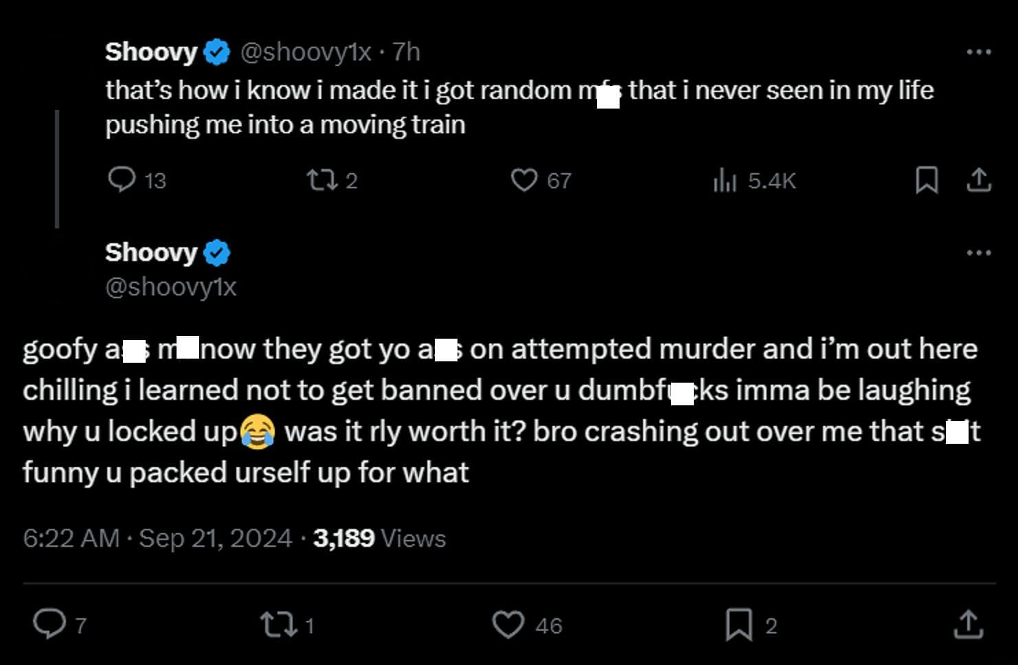 Shoovy reacted to being pushed onto a moving train (Image via X/Shoovy)