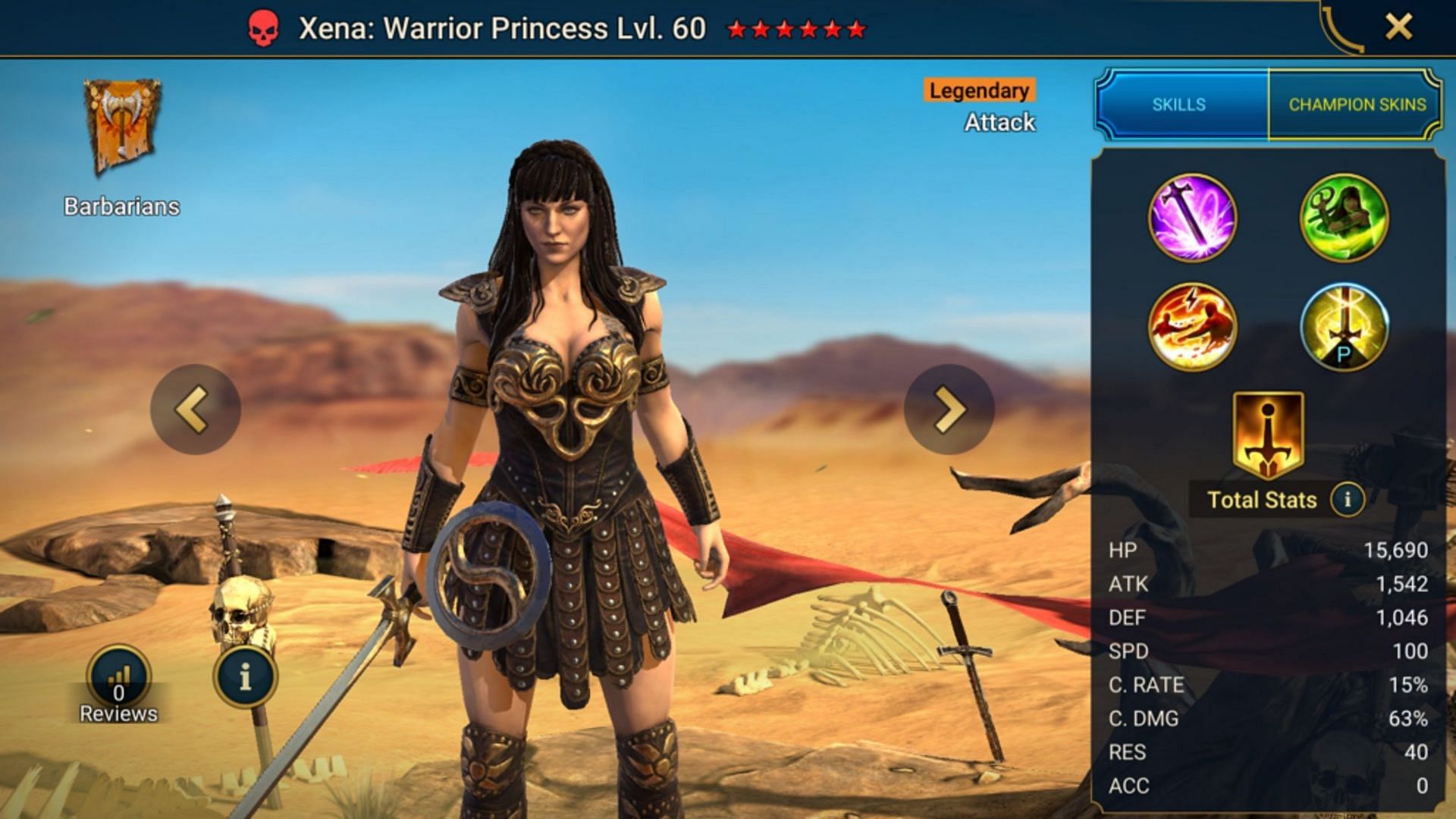 Xena Warrior Princess&#039;s stats (Image via Plarium)