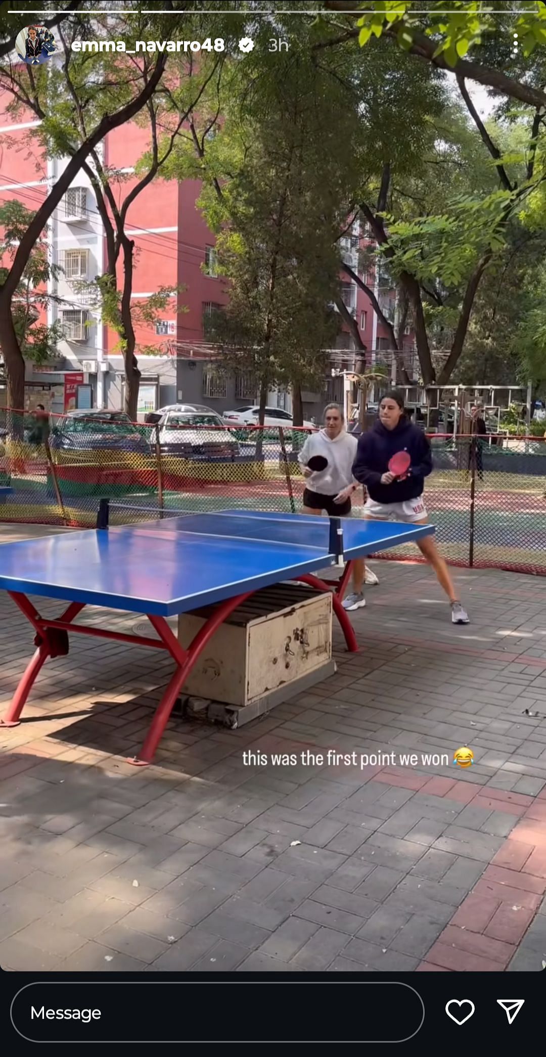 Navarro after winning her first point in doubles table tennis at a Beijing park (Source: Instagram/Emma Navarro)