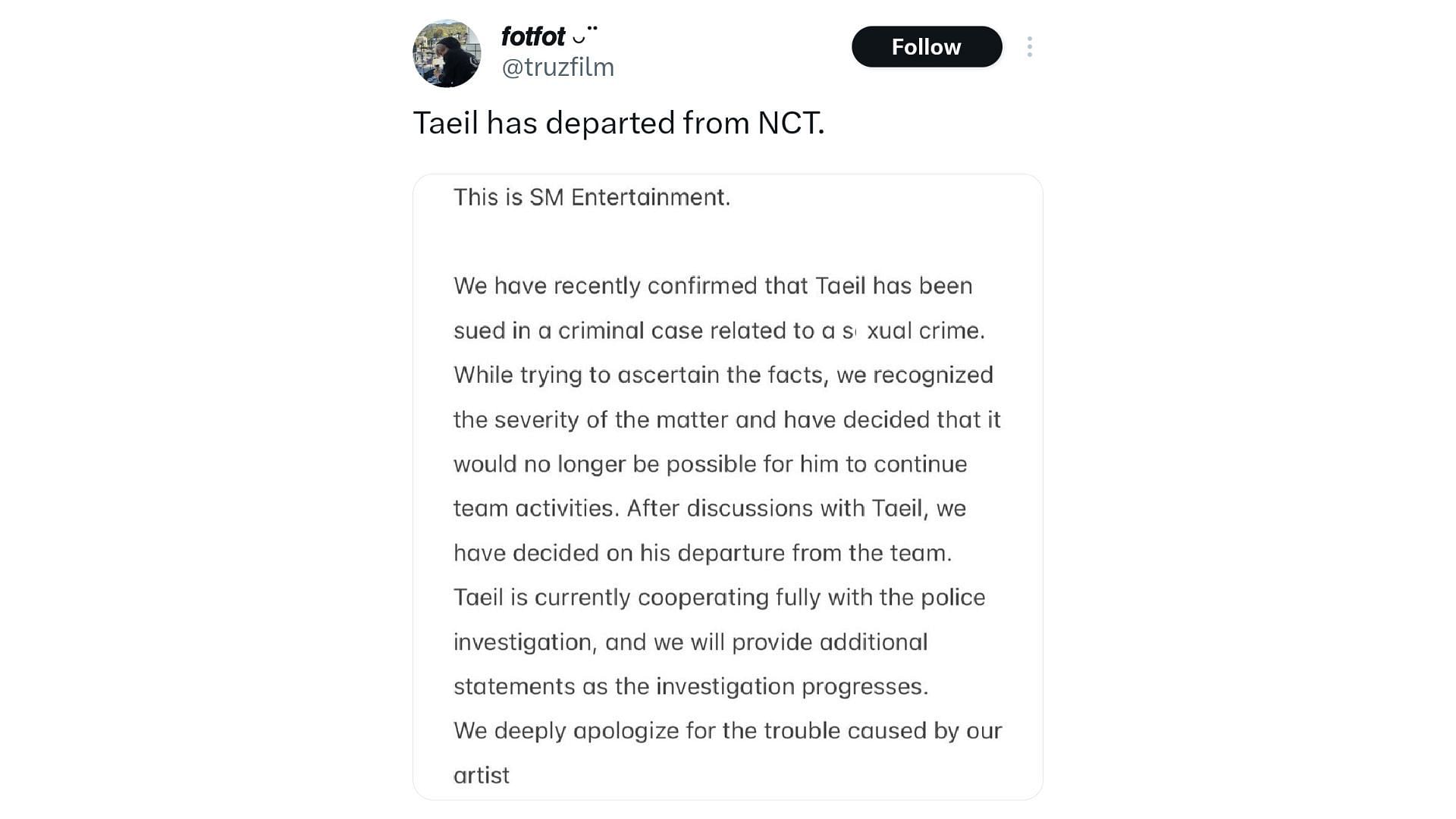 Translation of SM Entertainment that confirms that Taeil has departed from NCT (Image via X/@truzfilm)