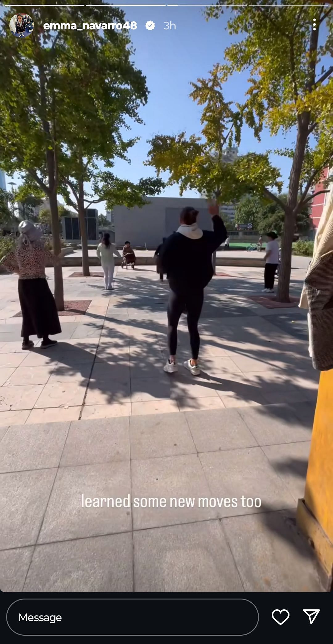 Navarro shakes a leg during her time as the part of a dance class in the park (Source: Emma Navarro/Instagram)