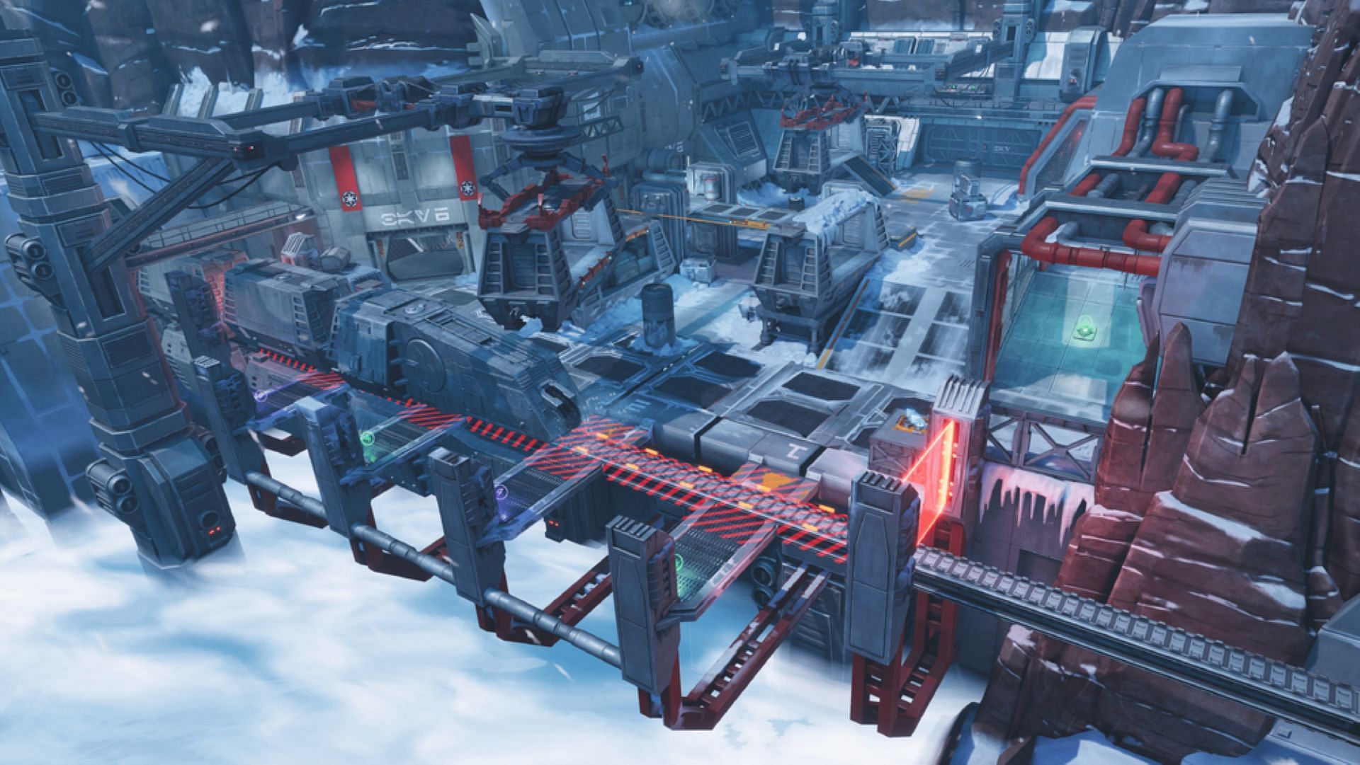 This arena map has steep cliffs and a moving train passing through the map (Image via Zynga)