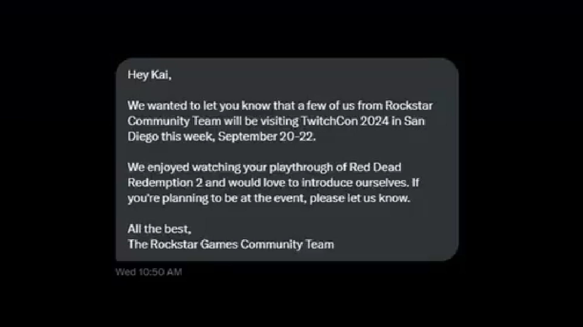 The private message sent in by Rockstar Games to Kai Cenat over X (Image via @scubaryan_/X)