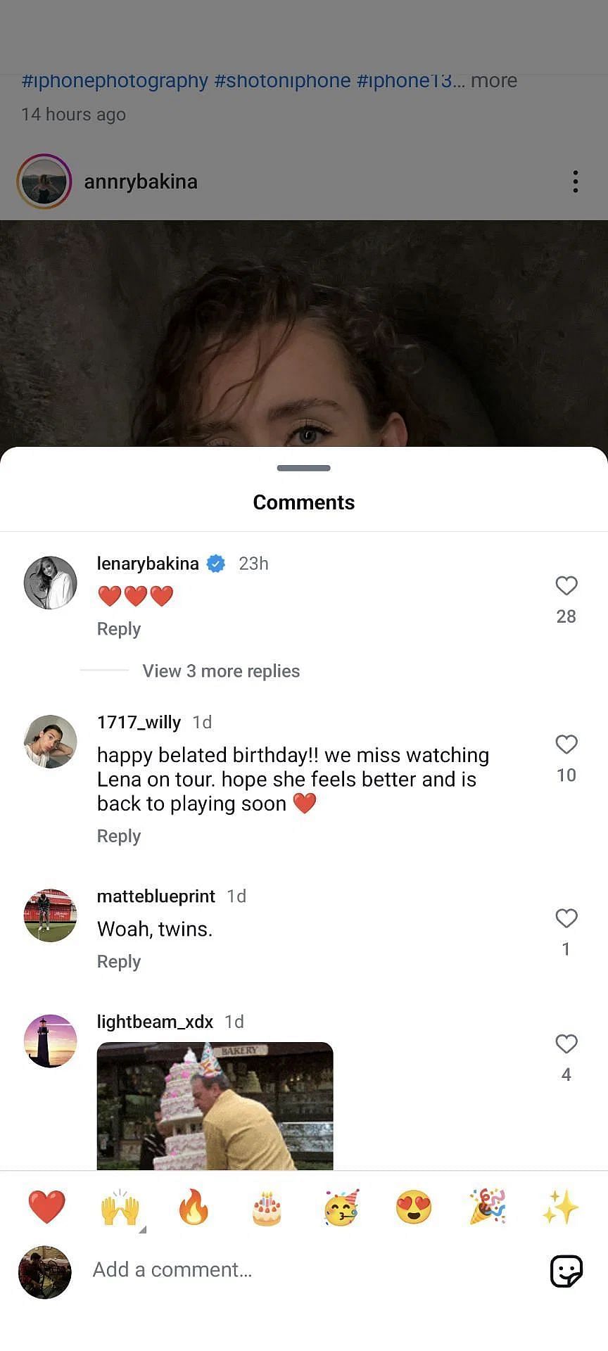 Elena Rybakina&#039;s comment on Anna&#039;s Instagram post (instagram.com/annrybakina/)