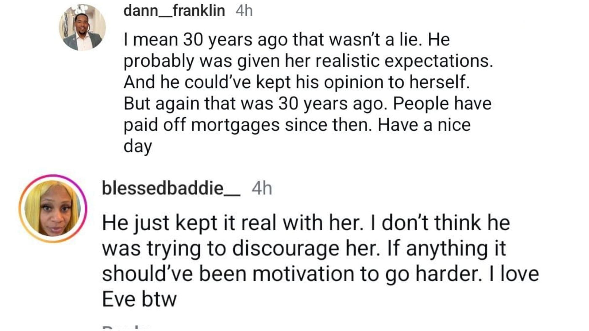 Fans reacted to Eve&#039;s statement (Image via Instagram / @dann_franklin / @blessedbaddie_)