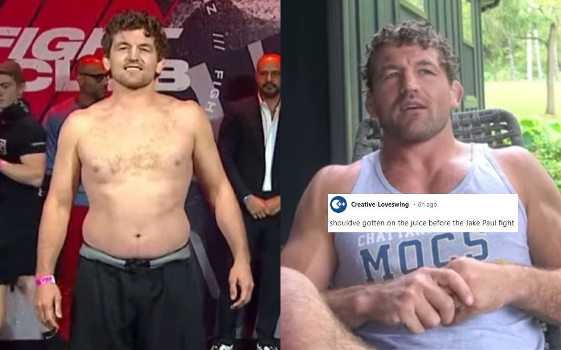 Fans react (insert_) to Ben Askren (left) and his new physique (right). [Image credit: r/ufc on Reddit, @benaskren on Instagram]