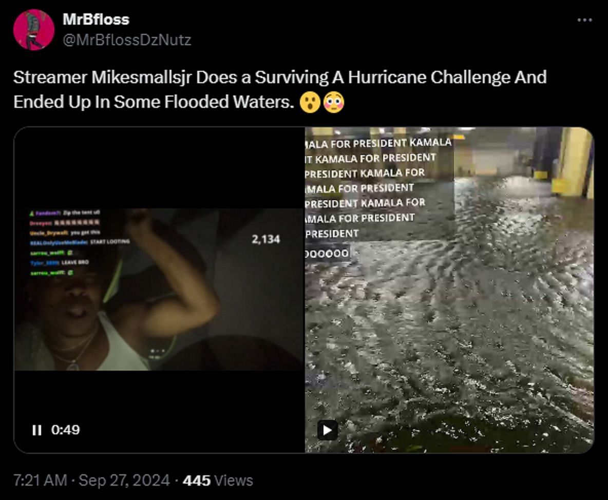 Kick streamer attempts to stream despite the location being flooded (Image via X/@MrBflossDzNutz)