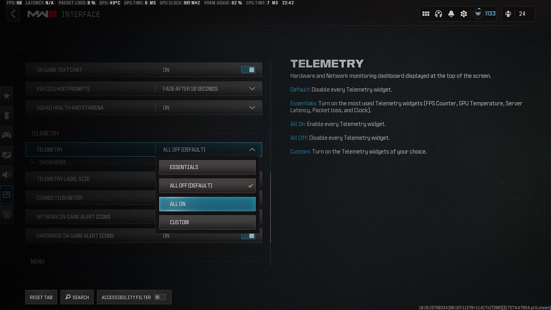 Turning on the Warzone Telemetry settings (Image via Activision)