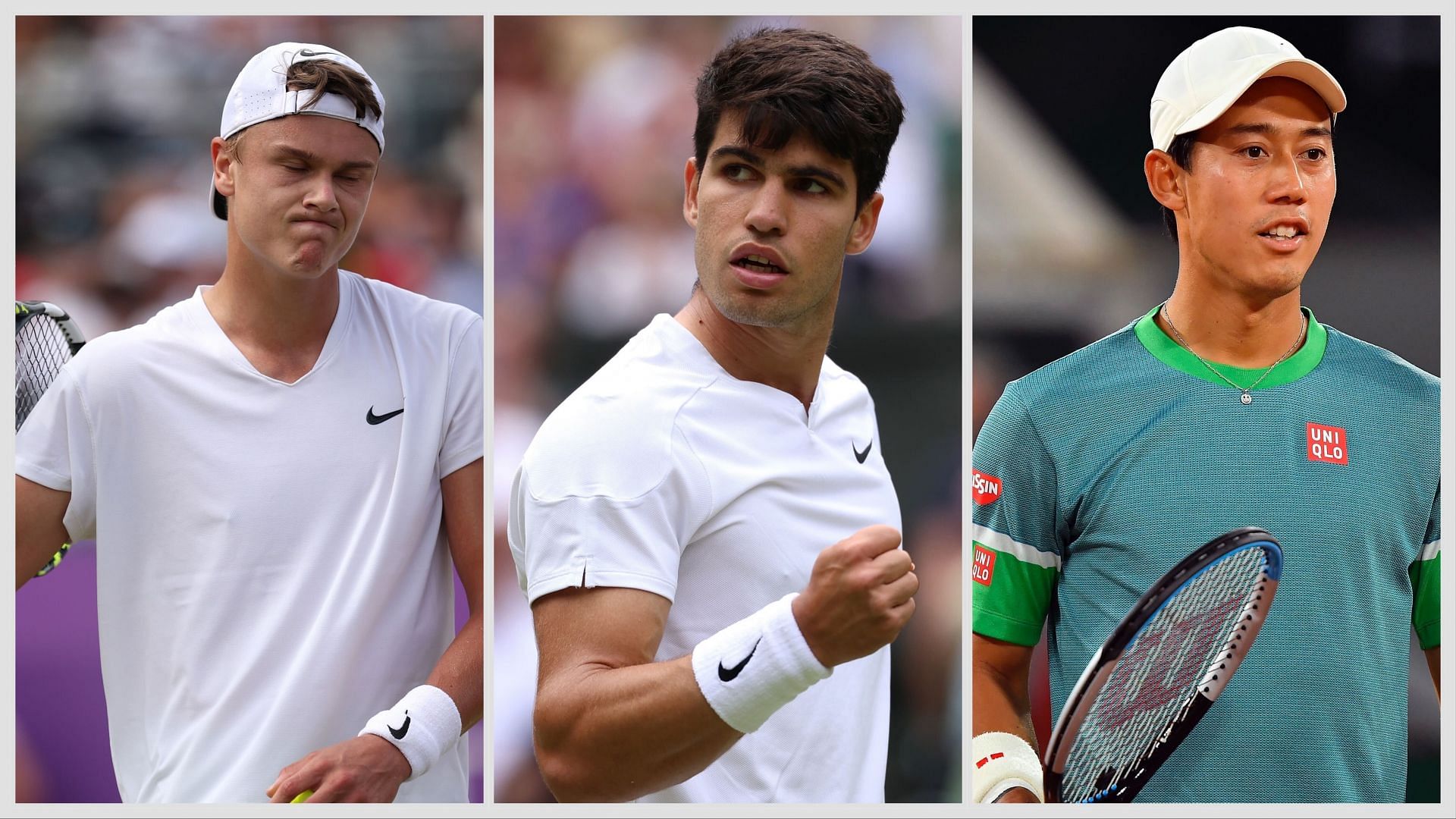Holger Rune (L), Carlos Alcaraz (C) and Kei Nishikori (R); (Source - Getty Images)