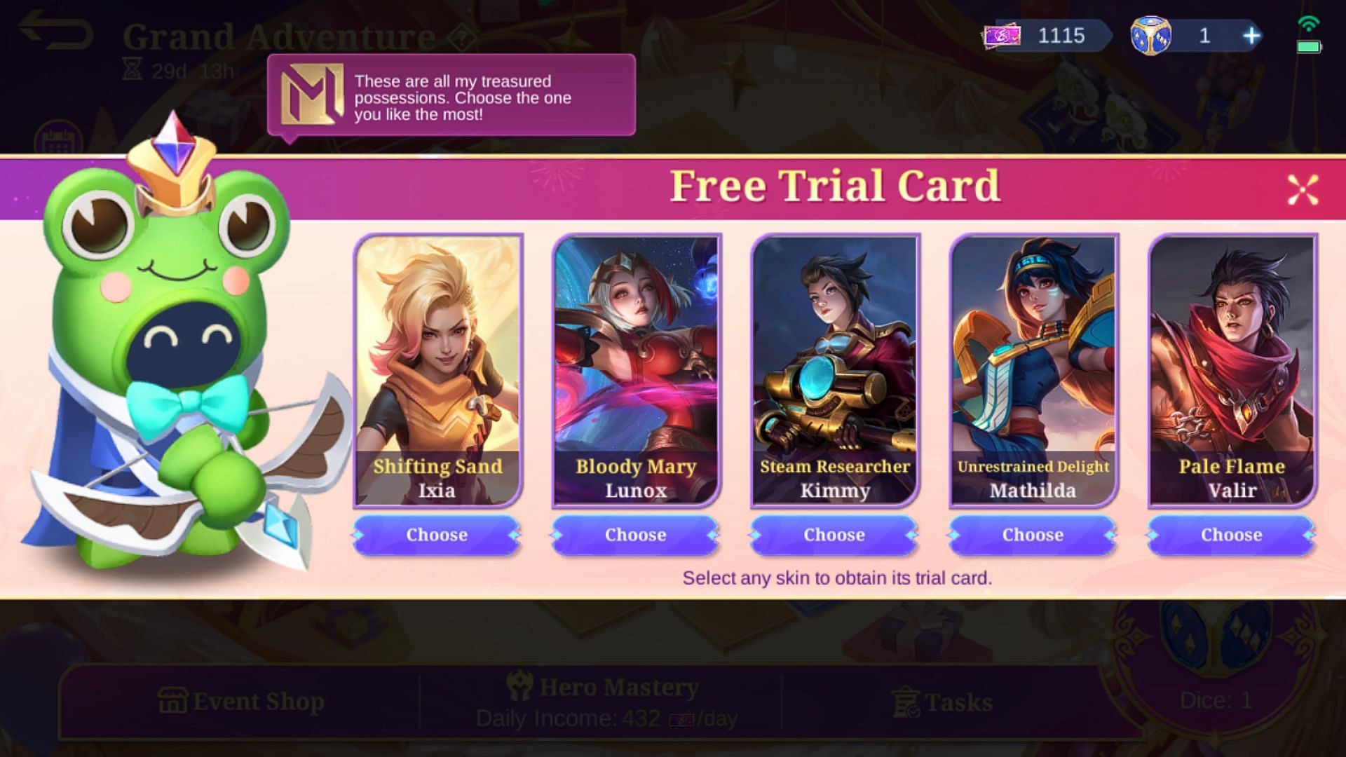 The MLBB Friend skin clone event lets you choose from 5 trial cards (Image via Moonton Games)