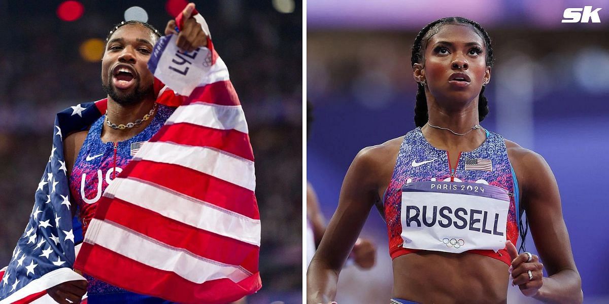 Noah Lyles hypes up Masai Russell after she placed third in Zurich Diamond League. PHOTO: Both from Getty Images