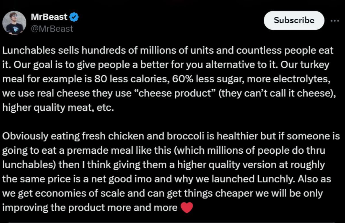 MrBeast labels Lunchly as a healthier alternative (Image via X/MrBeast)