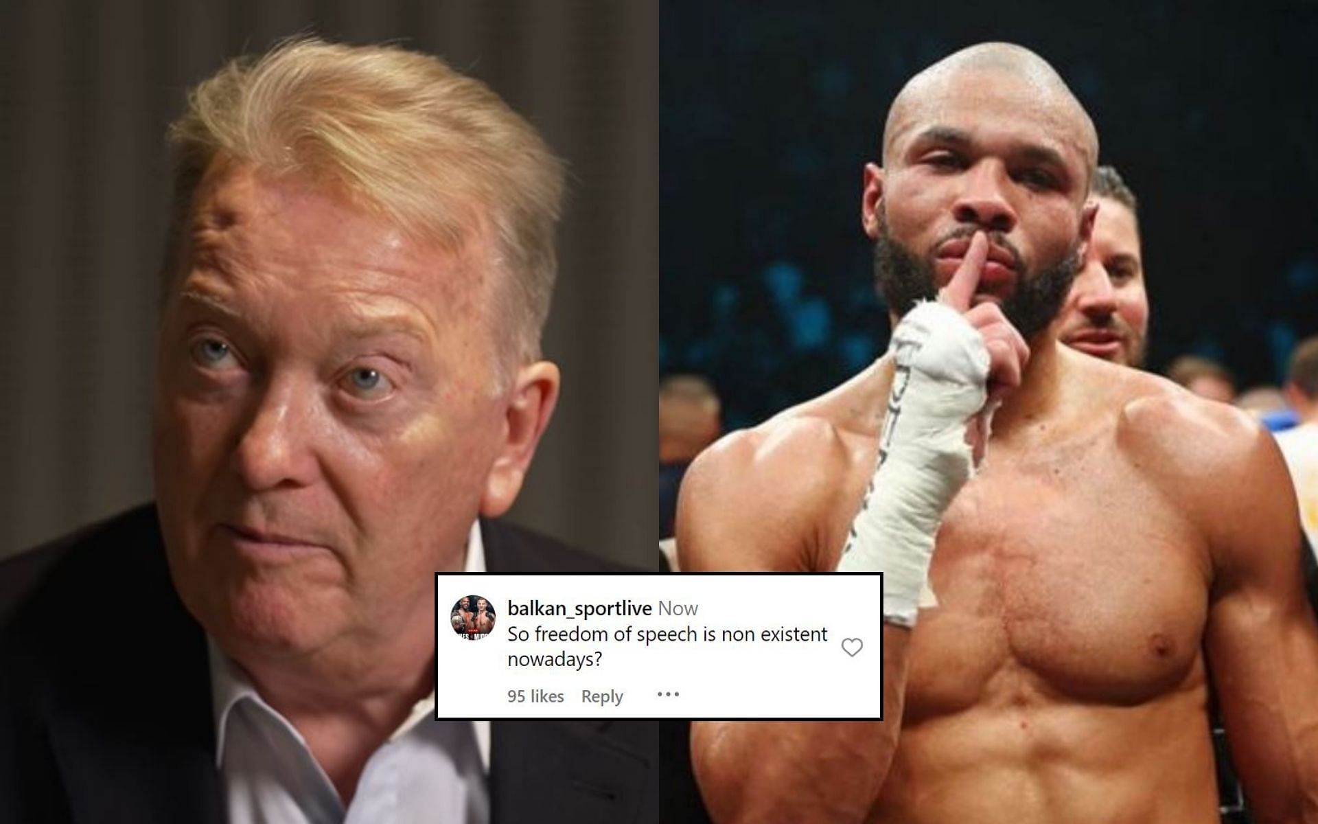 Fans are reacting (insert) to Frank Warren (left) suing Chris Eubank Jr (right) for calling him a &quot;scumbag&quot;. [Image credit: @happypunch, @frank_warren_official, and @chriseubankjr on Instagram]