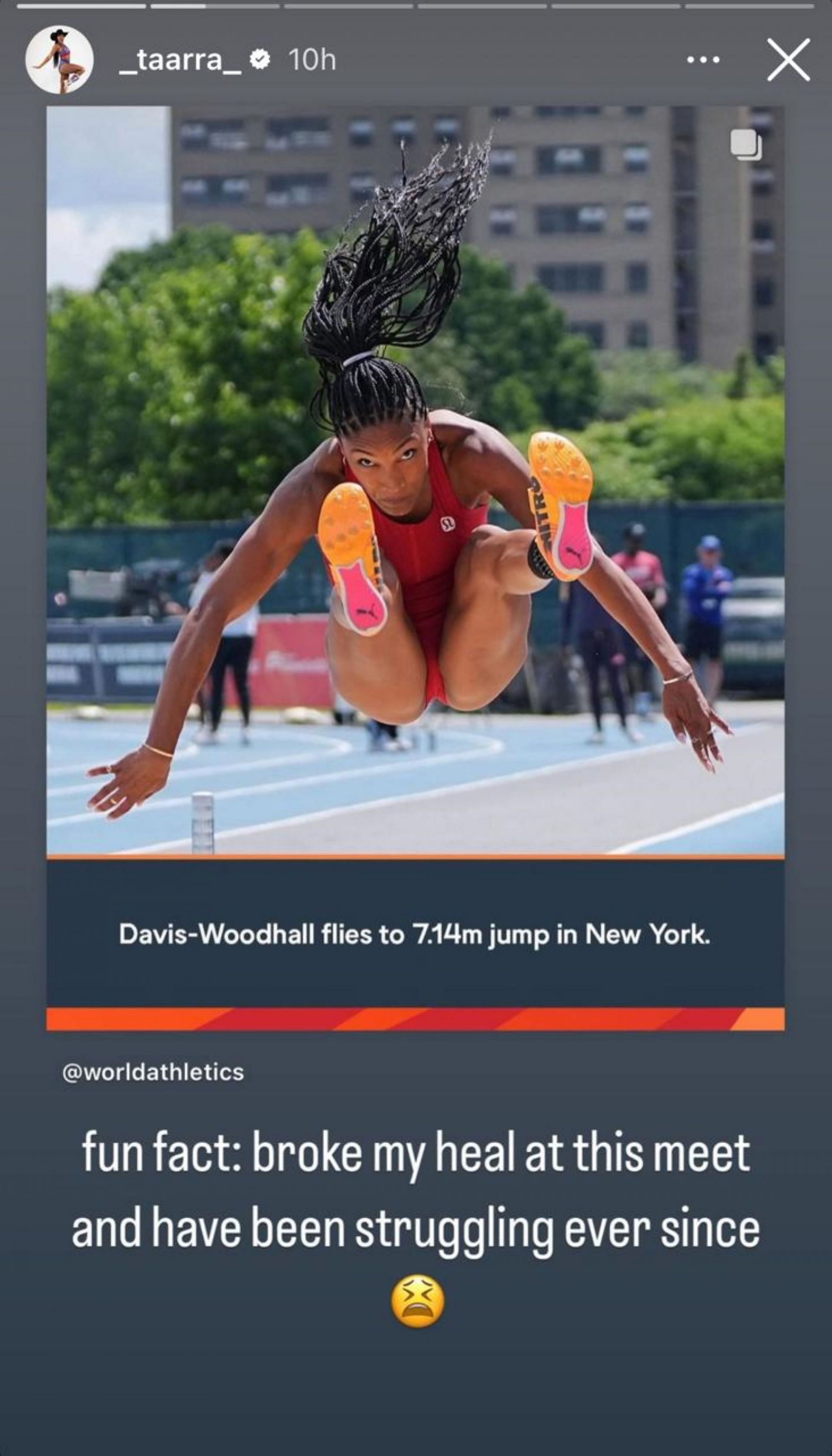 Tara Davis-Woodhall heel injury; Instagram - @_taarra_