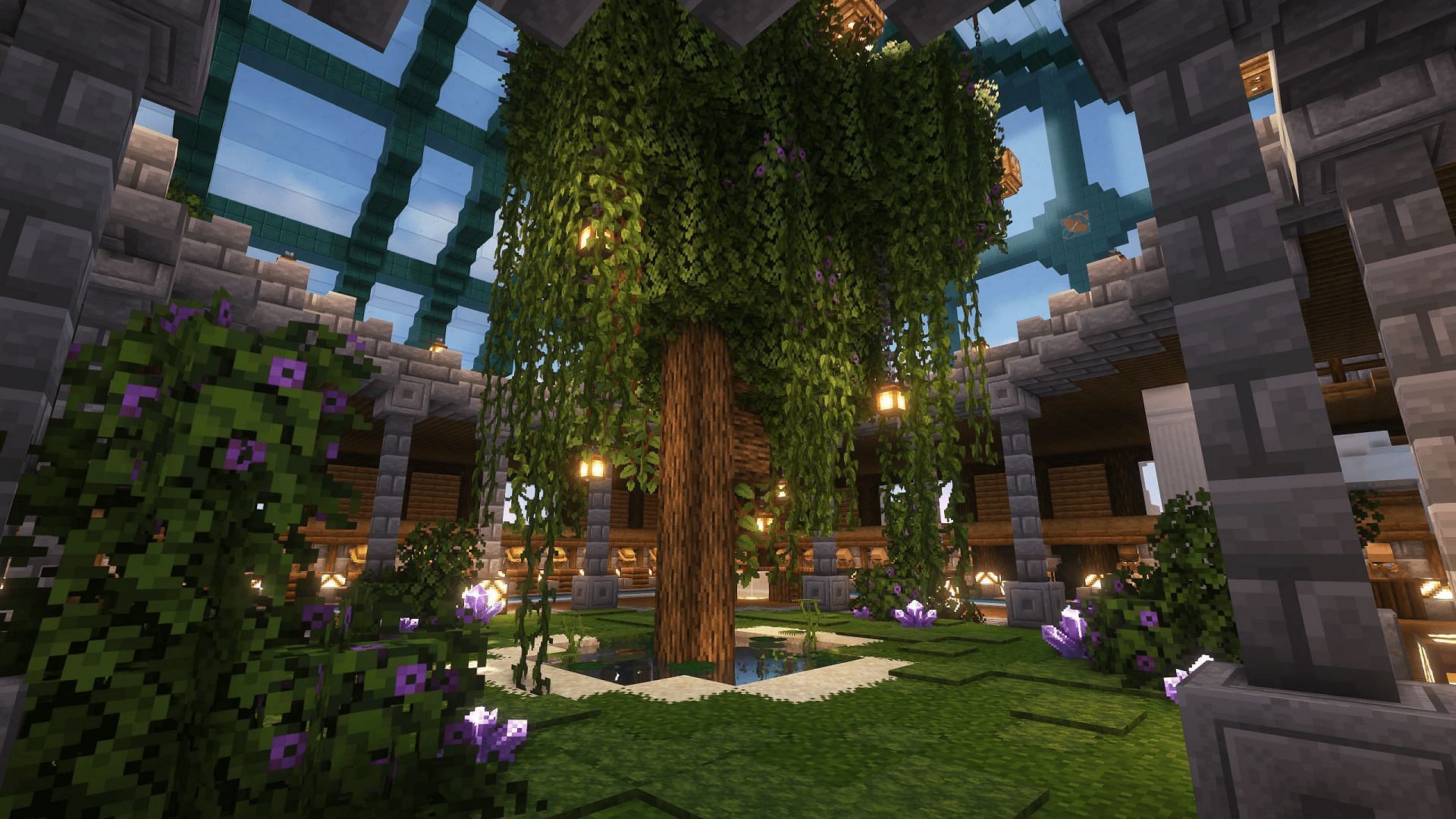 This Minecraft villager trading hall wraps around a central courtyard filled with greenery (Image via u/Genderisanxiety/Reddit)