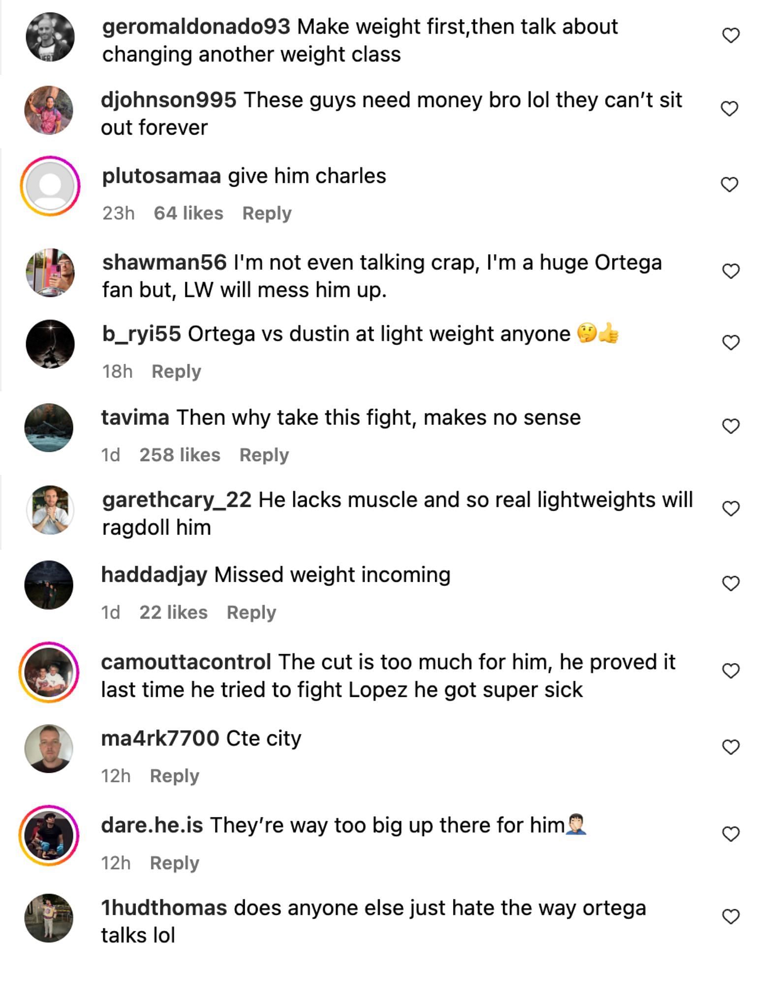 Fans react to Brian Ortega considering a move to lightweight. [Image courtesy: @mmajunkie on Instagram]