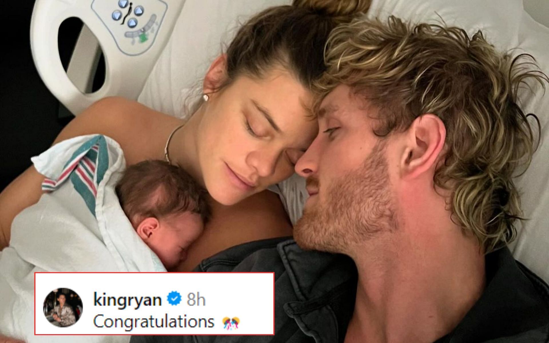 Nina Agdal (left) and Logan Paul (right) cuddled up with their baby girl. [Image courtesy: @loganpaul on Instagram]