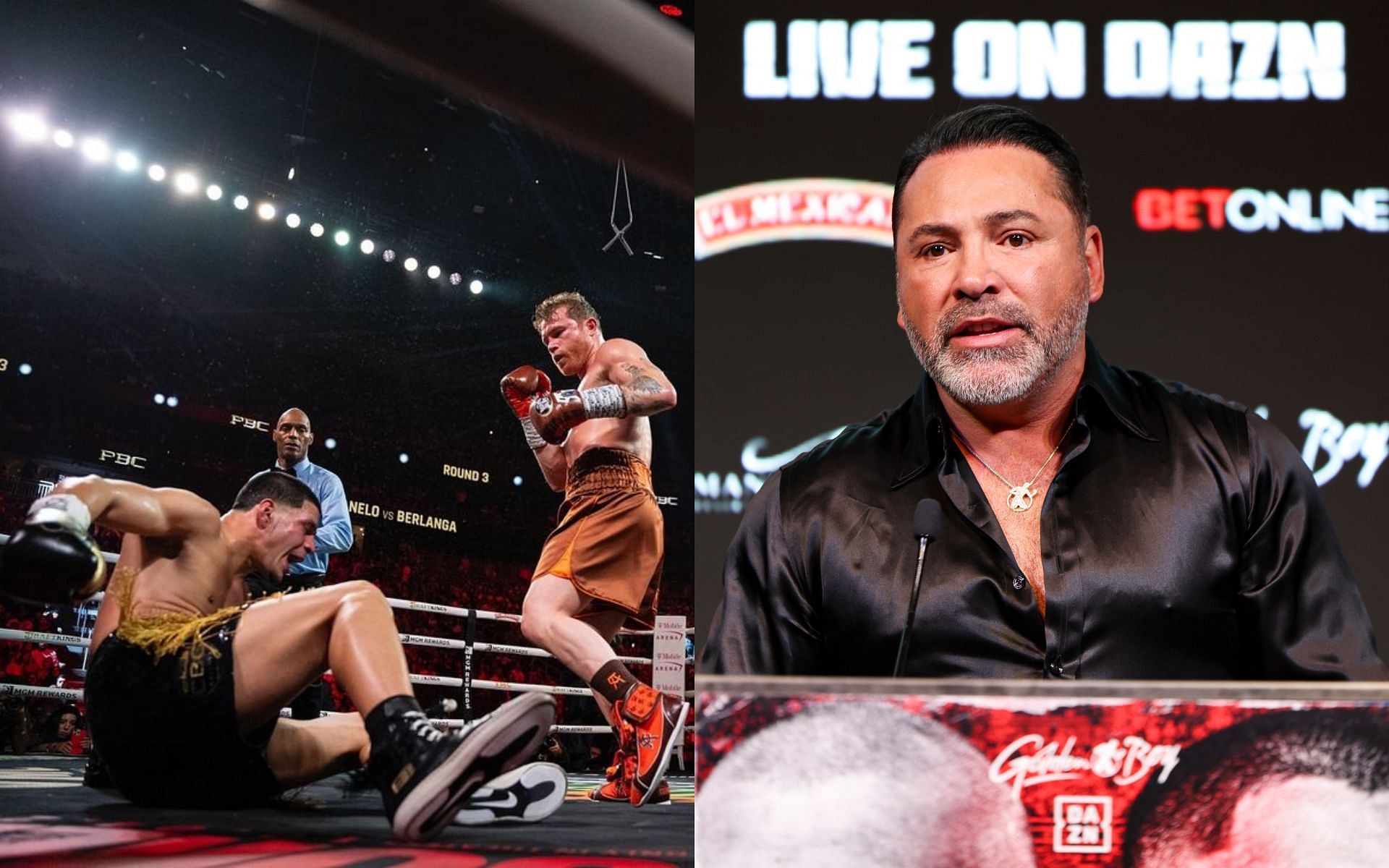 Edgar Berlanga Jr. (left) was dropped and out-boxed by Canelo Alvarez (middle); Oscar De La Hoya (right) was highly critical of the Alvarez-Berlanga matchup [Images courtesy: @canelo on Instagram and Getty Images]