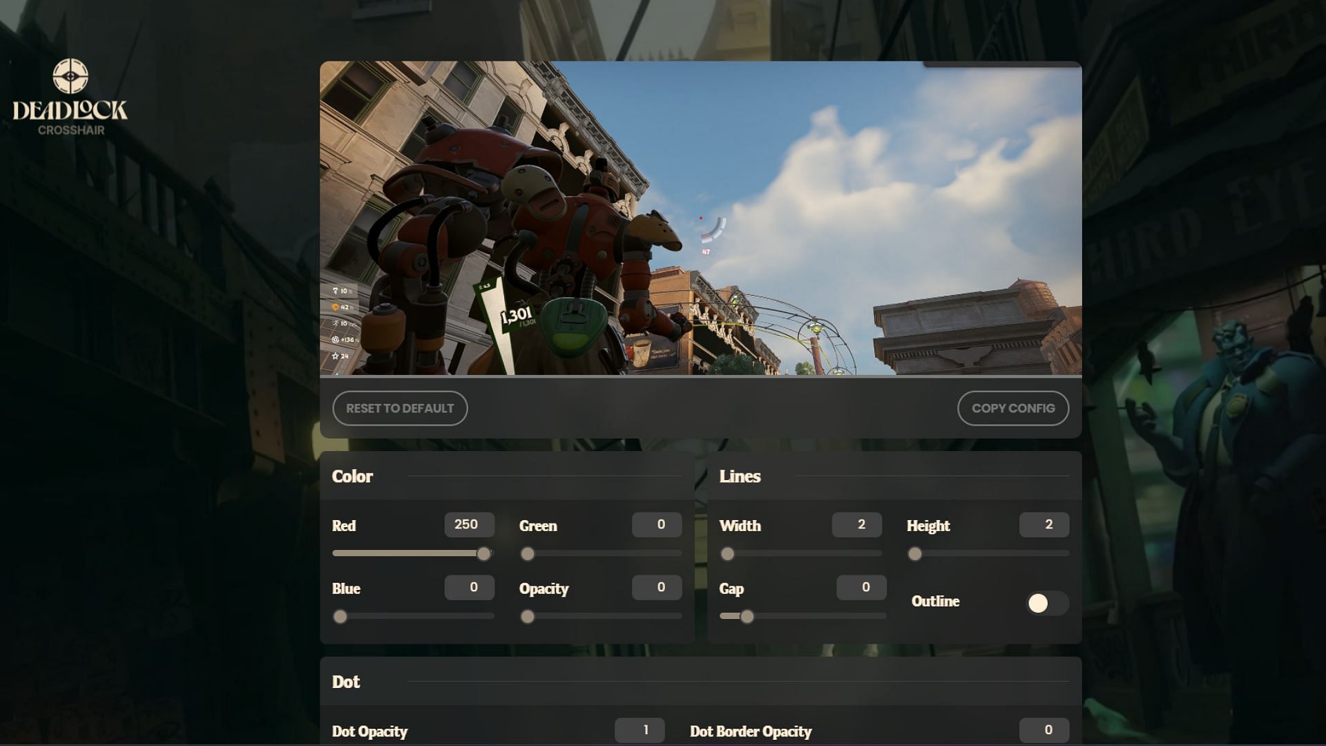 There is a third-party site that allows you to customize your crosshair (Image via deadlockcrosshair.com)