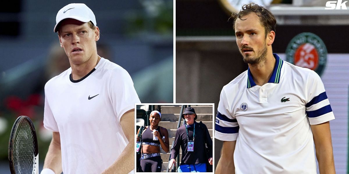 Jannik Sinner (L), Coco Gauff with coach Brad Gilbert (middle) and Daniil Medvedev (R) (Source: Getty)