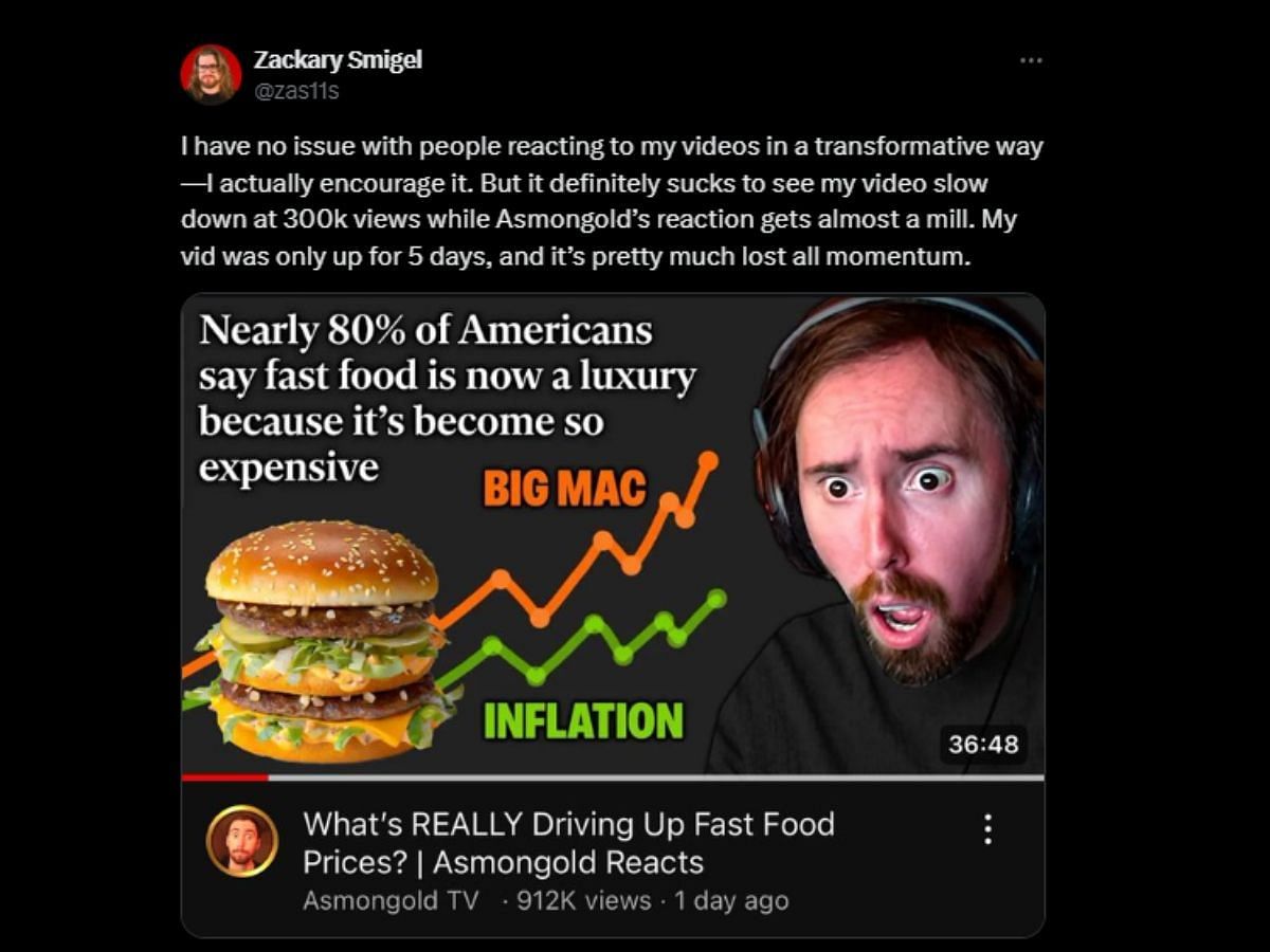 Zacary Smigel speaks on Asmongold&#039;s reaction in his video (Image via X/Zacary Smigel)