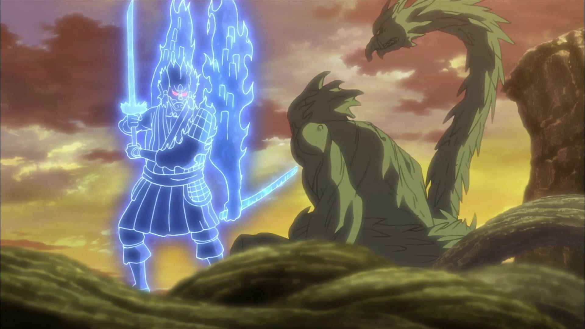 Madara&#039;s Susanoo and Hashirama&#039;s Wood Release technique (Image via Studio Pierrot)