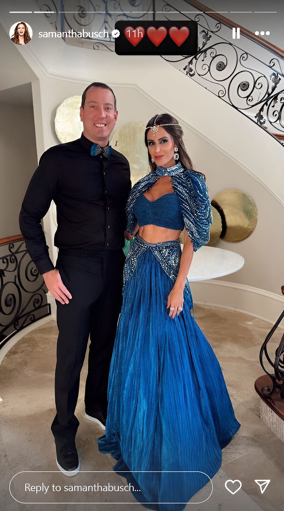 Samantha and Kyle Busch posing ahead of the sangeet function (source: @samanthabusch)