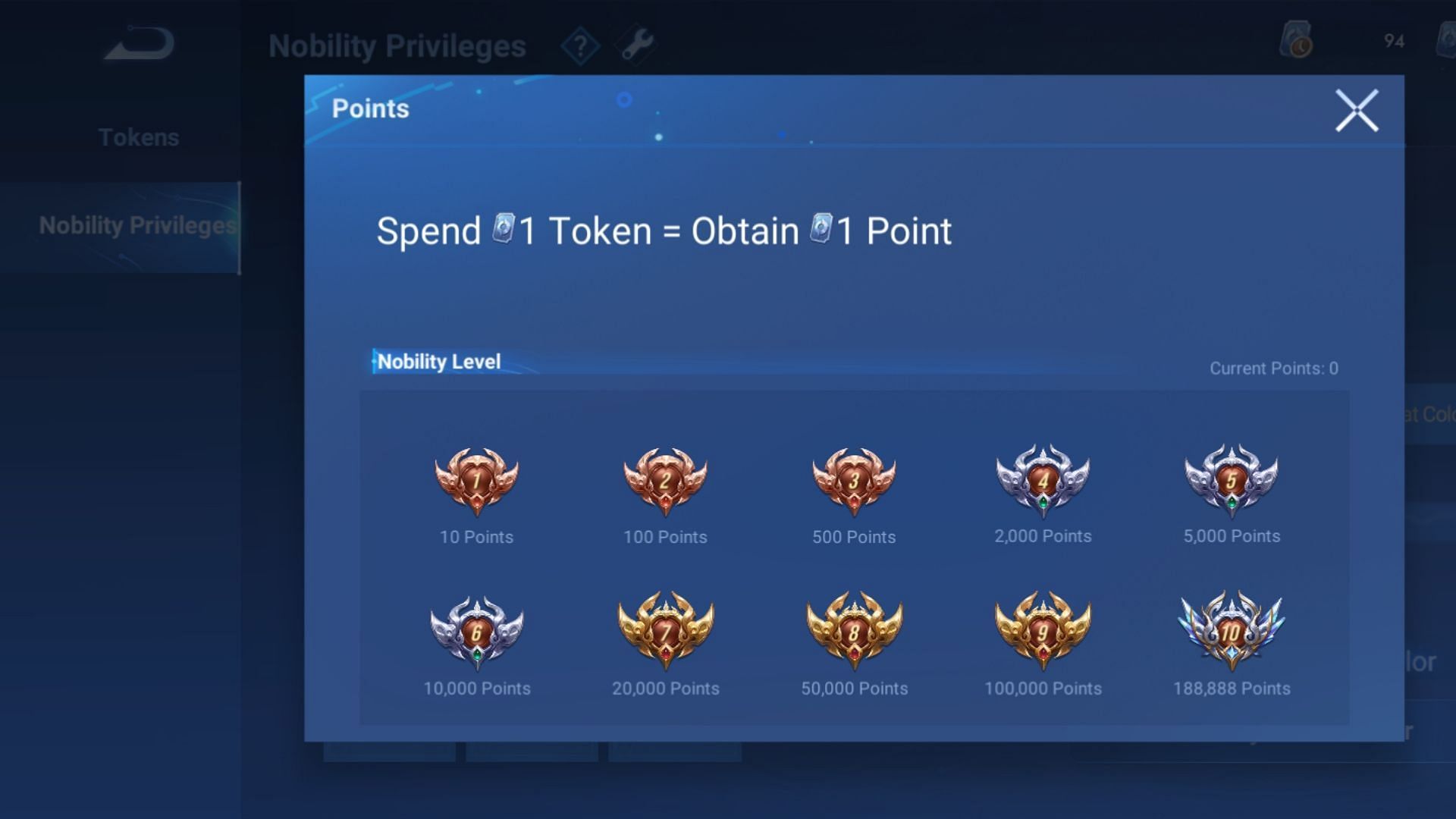 You can increase the Nobility level by spending Tokens. (Image via Level Infinite)