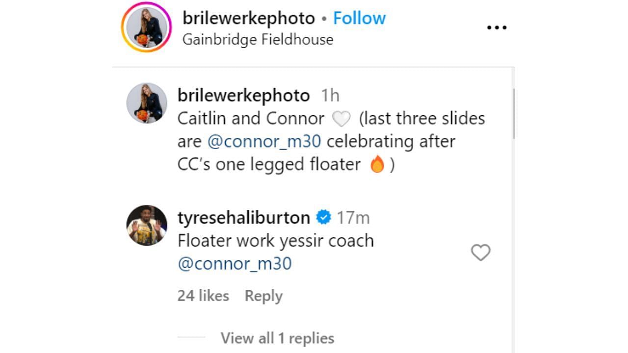 Indiana Pacers star Tyrese Haliburton also reacts to Clark-McCaffery set of IG photos. [@brilewerkephoto/IG]