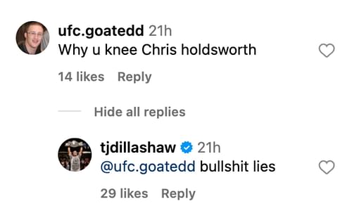 T.J. Dillashaw snarkily responding to a fan question. [via @tjdillashaw on Instagram]