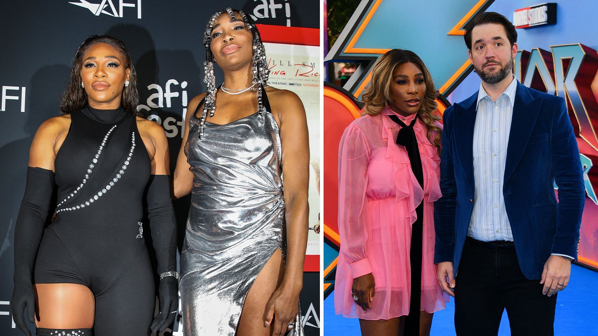 Serena Williams with sister Venus Williams(left) and husband Alexis Ohanian(right). Images: Getty