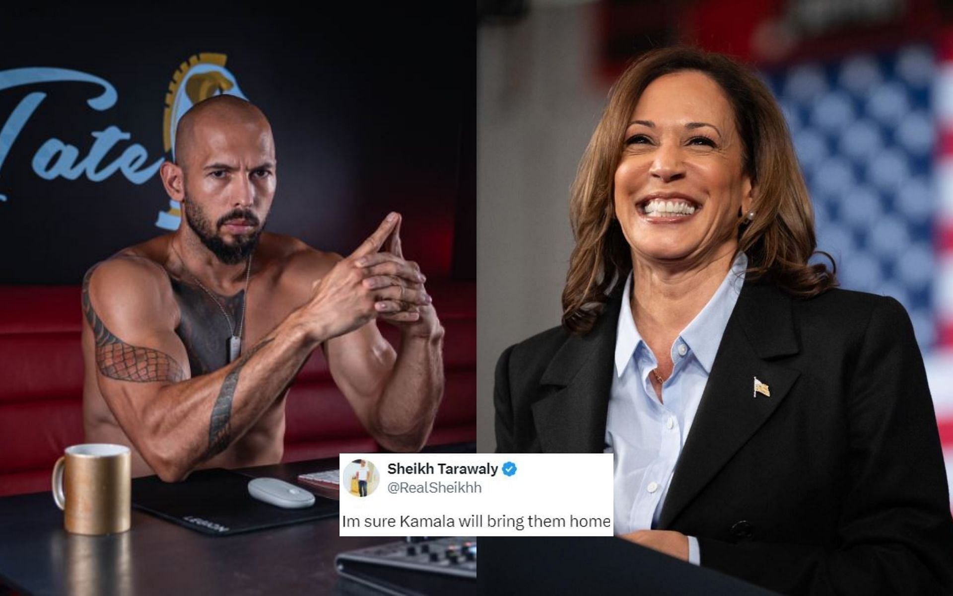 A fan (insert) jokingly speculates that Kamala Harris (right) will take Andrew Tate (left) and company to America if they get convicted. [Image credit: @cobratate on X, @RealSheikhh on X, @kamalaharris on Instagram]