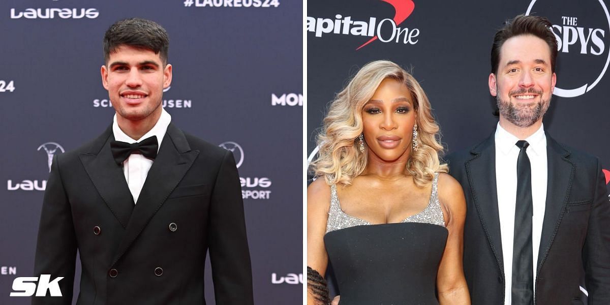 Carlos Alcaraz (L), Serena Williams and Alexis Ohanian (R) (Source: Getty Images)