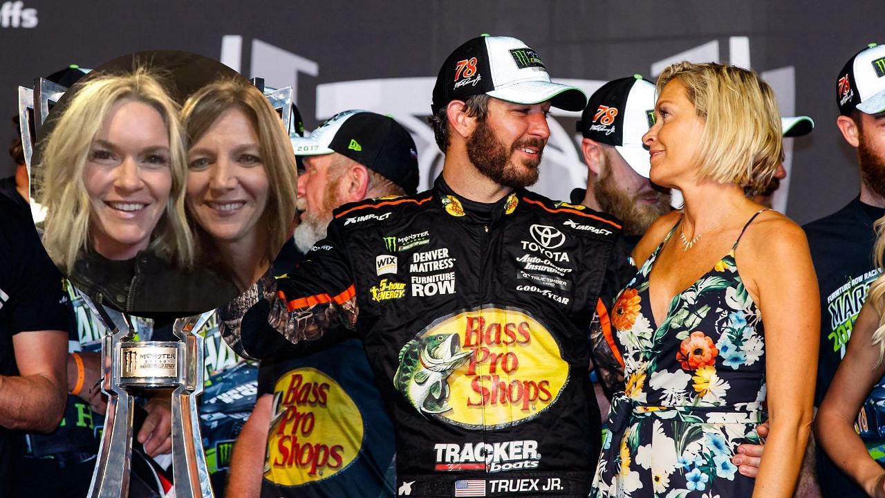 Sherry Pollex and Martin Truex Jr, (Background Image credit Imagn, Inset credit Kelley Earnhardt on Instagram)