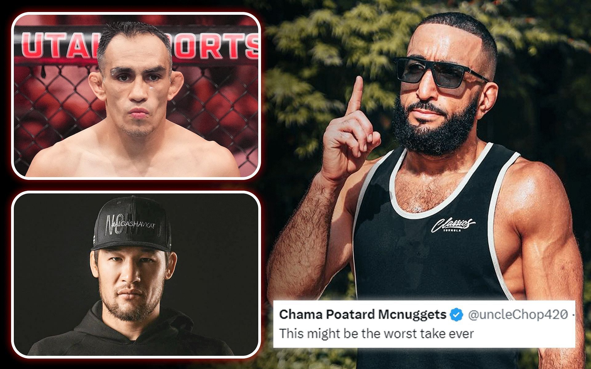 Fans react to Belal Muhammad (right) stating Tony Ferguson (top inset) is more deserving of a title shot than Shavkat Rakhmonov (bottom inset). [Images courtesy: Getty and @bullyb170, @shavkatrakhmonov94 on Instagram]
